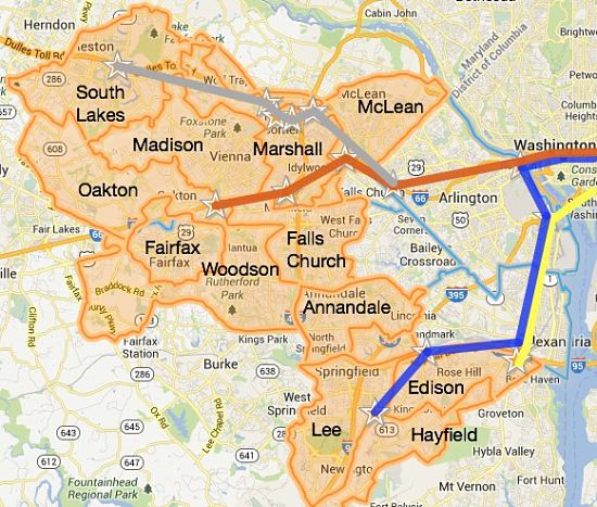 School boundaries near DC METRO stations in Fairfax County, VA