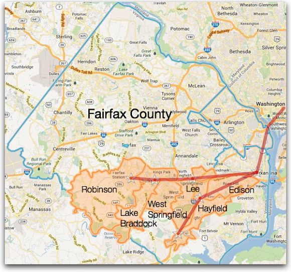 Fairfax County School boundaries accessible to the Virginia Railway Express (VRE)