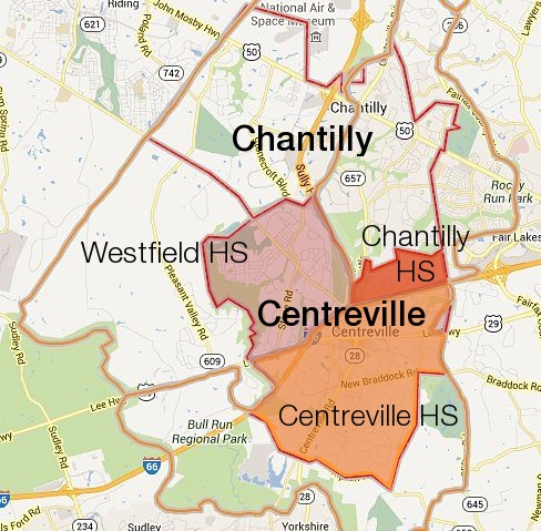 The "City" of Centreville is served by 3 different high schools